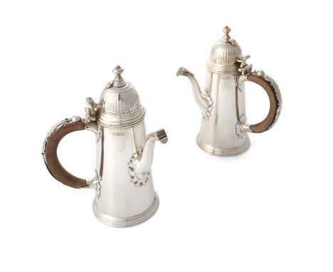 A PAIR OF SILVER CHOCOLATE POTS, Birmingham 1919, mark of Robert Chandler, of tapering cylindrical form with domed cover and 