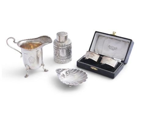 A COLLECTION OF SILVER ITEMS, comprising a Victorian silver cylindrical tea caddy, Birmingham c.1857, mark of Deakin &amp; Fr