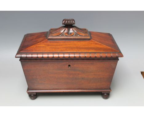A GEORGIAN MAHOGANY TEA CADDY, of sarcophagus form, having a scrolled finial, raised on four bun feet, minus interior, H 28 c