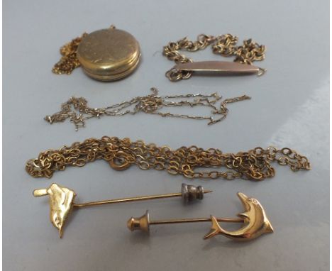 A SELECTION OF GOLD AND YELLOW METAL JEWELLERY, to include two yellow metal animal themed stick pins, and a hallmarked gold b