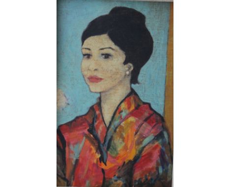 JAPANESE SCHOOL (XIX - XX). Portrait of a lady, oil on board, framed, 21 x 13.5 cm
