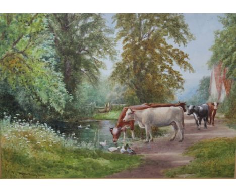 ARTHUR STANLEY WILKINSON (c.1860 - 1930). Cattle watering, watercolour, signed lower left, gilt framed and glazed, 27 x 38 cm