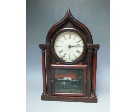 A LATE 19TH CENTURY AMERICAN EIGHT DAY SHELF CLOCK, by E.C. Brewster, the mahogany case with pagoda top, the circular dial wi