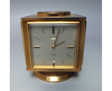 AN IMHOF BRASS DESK CLOCK / WEATHER COMPENDIUM, cube form with four panels, comprising hygrometer, barometer, thermometer and