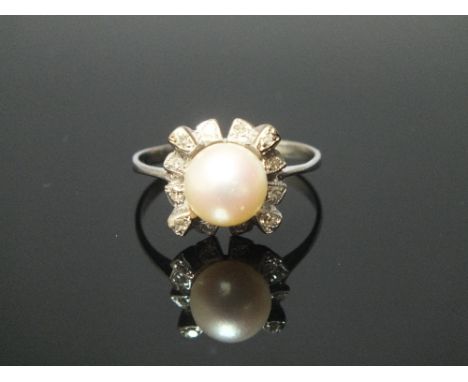 A FRESHWATER PEARL AND DIAMOND RING, the centre freshwater pearl being of approx 7.75 mm and is surrounded by twelve brillian