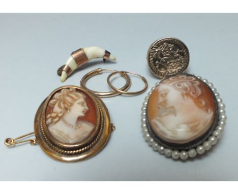 TWO VINTAGE CAMEO BROOCHES - ONE MARKED PARIS R.G., together with another vintage brooch, and a 9ct gold sovereign style coin