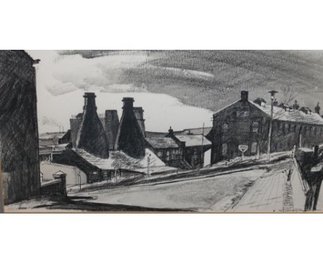 REGINALD GEORGE HAGGAR (1905-1988). Pot banks in Stoke, drawing/watercolour, signed lower right, framed and glazed, 26 x 48 c