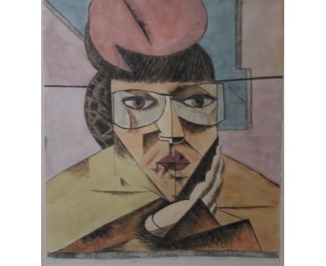 FRENCH SCHOOL (TWENTIETH CENTURY). Cubist portrait, watercolour, signed and titled but indistinct, gilt framed and glazed, 33