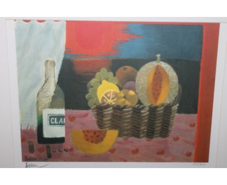 MARY FEDDEN (1915 - 2012). Fruit and wine still life, print, signed in pencil, No 310/500, framed and glazed, 29 x 35 cm