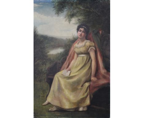 ENGLISH SCHOOL (NINETEENTH CENTURY). Portrait of a lady holding a book, oil on canvas, unframed, 61 x 40 cm