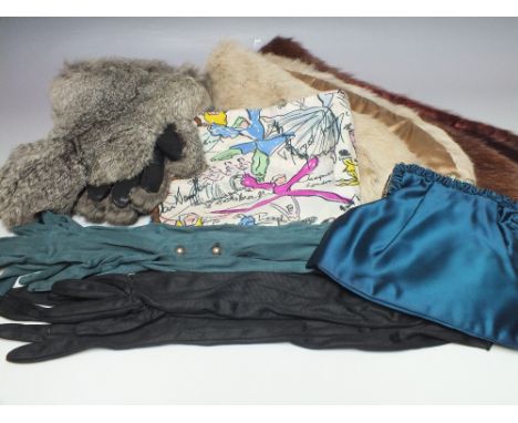A SELECTION OF LADIES VINTAGE ACCESSORIES, comprising a Jacqman of London vintage scarf, two pairs of evening gloves, and a s