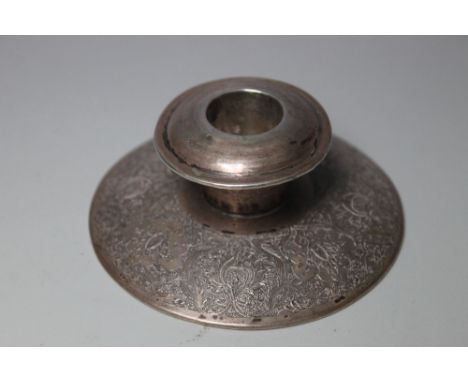 A PERSIAN STYLE SQUAT CANDLESTICK, with ornate floral engraving, approx weight 112 g, Dia 9 cm