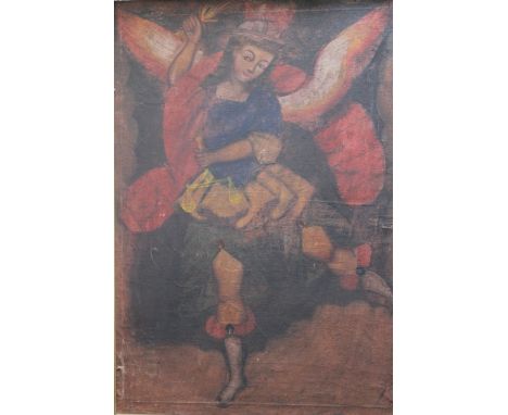SOUTH AMERICAN SCHOOL (NINETEENTH CENTURY). A winged figure holding scales and sword, oil on canvas, gilt framed, 76 x 50 cm