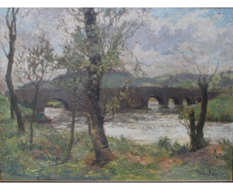 DUNLOP (TWENTIETH CENTURY). River scene with bridge, oil on canvas, signed lower right, gilt framed, 45 x 60 cm