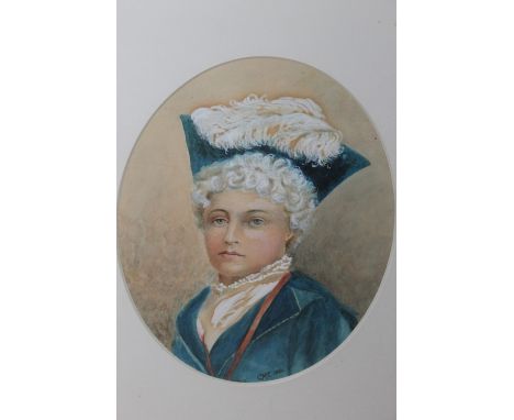 C M T (NINETEENTH CENTURY). Portrait of a boy wearing a blue jacket and hat, watercolour on paper, monogrammed lower right an