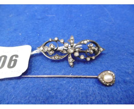 A VICTORIAN OLD ROSE CUT DIAMOND BROOCH AND A DIAMOND AND PEARL STICK PIN