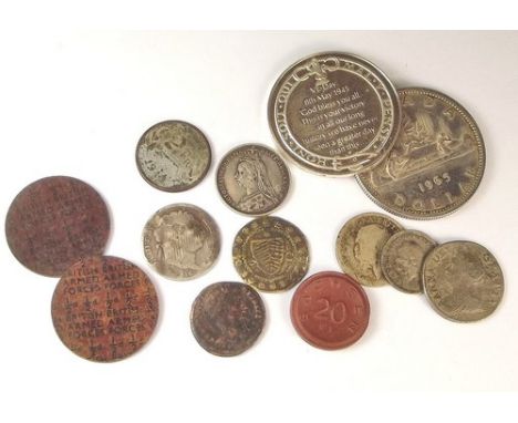 MISCELLANEOUS COINS ETC.
Various coins etc including 1921 20pf. ceramic coin, NAAFI tokens etc.