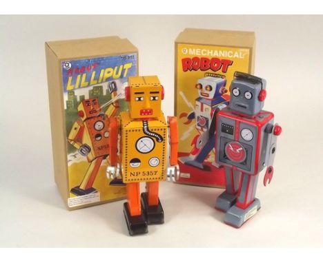 ROBOTS.
Two boxed, printed, tin-plate, clockwork robots. 'Robot Liliput' & one other. Collectors re-issues, after the origina