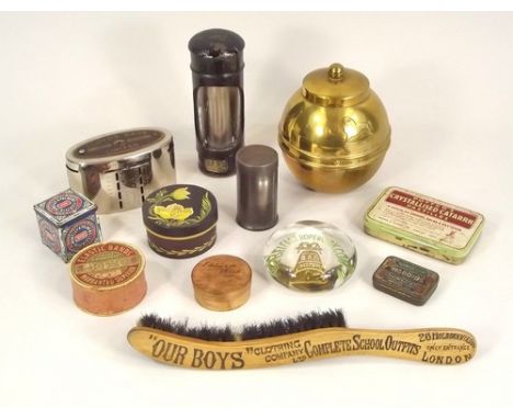 ADVERTISING ETC.
Advertising tins & cartons, a 1924 Liptons souvenir caddy & a 19th century candle powered personal lamp for 