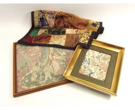 TEXTILES.
A framed 19th century Chinese embroidery on silk, 16 x 20cm, a woolwork tapestry & one other piece.