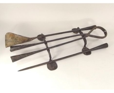 FIRE IRONS.
A set of blacksmith-made, wrought iron fire tools & andirons.
