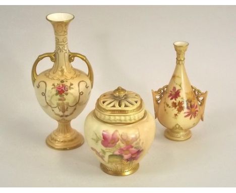 ROYAL WORCESTER ETC.
A Royal Worcester potpourri vase & cover, No.1314, a Royal Worcester twin handled vase, No.98 & a Crown 