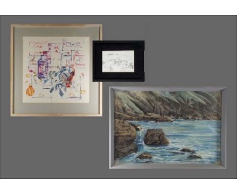 R.N.L.I. CHARITY LOT.
An acrylic sketch by June Miles, a pen & ink by the same & a coastal watercolour.