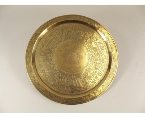 WWII SOUVENIR TRAY.
An Egyptian WWII souvenir brass tray inscribed with Royal Army Service Corps badge & dated Cairo 1940. Di