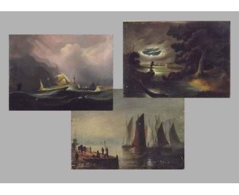 OIL PAINTINGS.
Three 19th century oils, one showing shipping in moonlight on a stormy sea & a smaller canvas laid down on pan