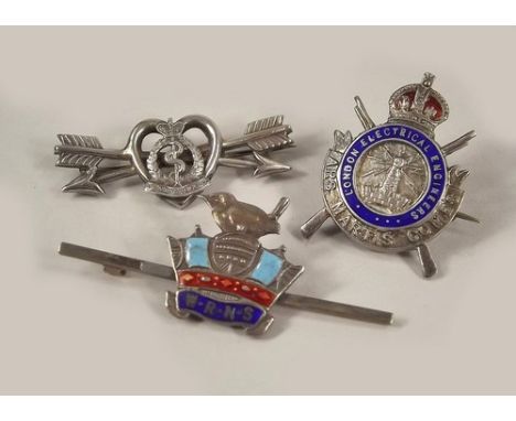 SWEETHEART PINS.
Three silver sweetheart pins; WRNS, London Electrical Engineers & Army Medical Corps.