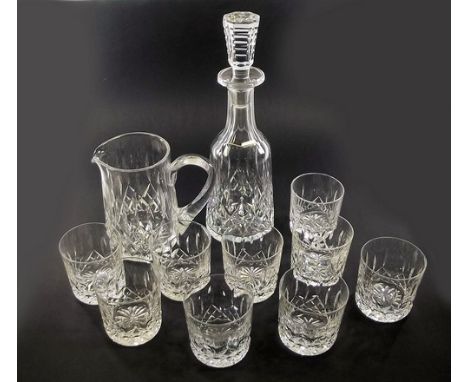 WATERFORD CRYSTAL.
A Lismore pattern water jug, 16.5cm, a matching decanter (unmarked) & a set of nine tumblers, 8.5cm. (two 