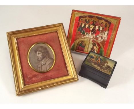 RUSSIAN BOX ETC.
A black lacquered Russian box, the lid with a troika scene, 7 x 9cm, a Russian icon on wooden panel, 15 x 17