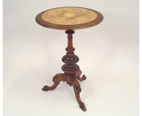 TRIPOD TABLE.
A good Victorian mahogany & burr walnut carved tripod table, the burr walnut top marquetry inlaid with George &