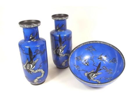 CARLTON WARE.
A pair of Carlton Ware Art Deco vases, 27cm & a matching bowl, diameter 23cm. All with Wiltshaw & Robinson mark