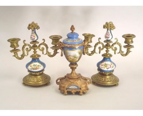 CANDLESTICKS ETC.
A pair of gilt metal mounted ceramic candlesticks in 'sevres' style, height 24cm & a similar metal mounted 