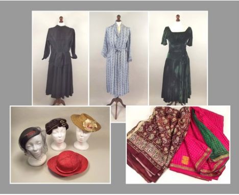 GARMENTS, HATS ETC.
Three vintage day dresses, four vintage hats & two Indian saris.