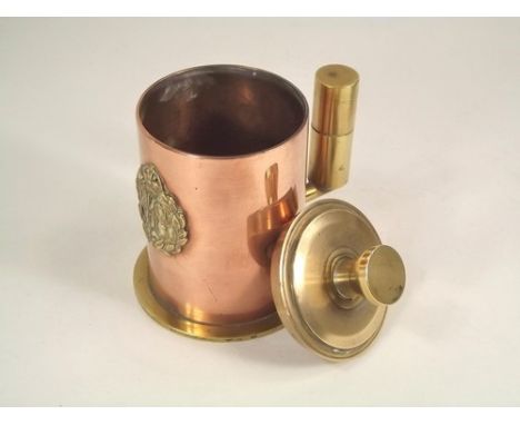 TRENCH ART ETC.
A trench art cigarette box with lighter compartment handle & RAF badge & an EPNS presentation mug to W.O., M.
