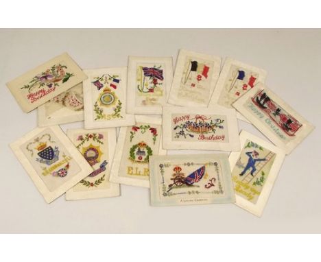 EMBROIDERED POSTCARDS.
Various WWI period postcards including Duke of Cornwall Light Infantry & naval 'Ready aye Ready' card.