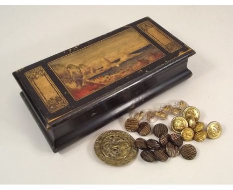 MISCELLANEOUS.
A hand painted trinket box, signed H. Adams, 1926 & various buttons.