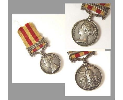 INDIAN MUTINY MEDAL.
A Victoria Indian Mutiny Medal with Lucknow clasp awarded to  H. Batterbury 90th Light Infantry. Conditi