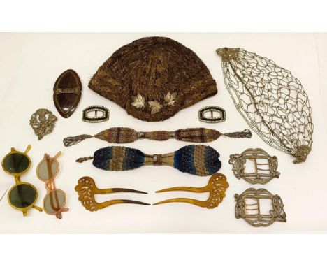 An Art Deco cloche hat, assorted buckles and other items (box)  Provenance:&nbsp; A single owner collection, from the studio 