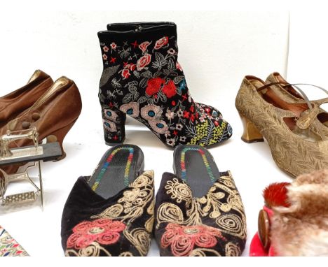 A pair of embroidered boots, size unknown, assorted vintage shoes and other textiles (box)  Provenance:&nbsp; A single owner 