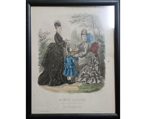 A 19th century French print, two ladies and a child in a park, 25 x 26 cm, and assorted other fashion prints (box)&nbsp; Prov