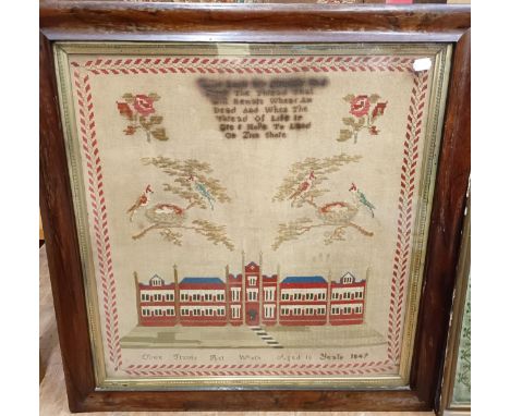 A mid-19th century sampler, by Olive Travis Her Work Aged 18, dated 1849, incorporating a large building, 71 x 65 cm, in a ro