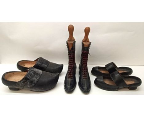 A pair of clogs, another pair, a pair of Victorian style boots, with stretchers, and assorted textiles (3 boxes)&nbsp; Proven