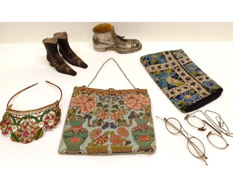 A novelty pin cushion, in the form of a boot, a beadwork shawl, and assorted other textiles (box)  Provenance:&nbsp; A single