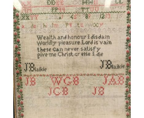 A 19th century sampler, worked by Helen Blaikie aged 9 (?) years, incorporating Blaikie family initials, a verse and letters 