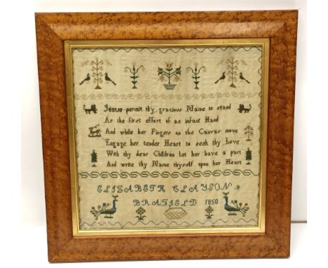 A 19th century sampler, worked by Elizabeth Clayson, Brafield (sic), 1850, 30 x 30 cm, in a birdseye maple frame, and a needl