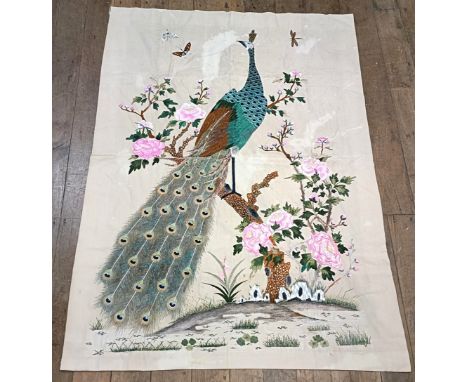 An embroidered panel, decorated peacock, 160 x 124 cm