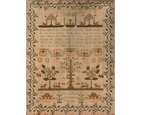 An early 19th century sampler, worked by Harriet Hope Aged Seven Years and dated 1827, incorporating Adam and Eve, 40 x 37 cm